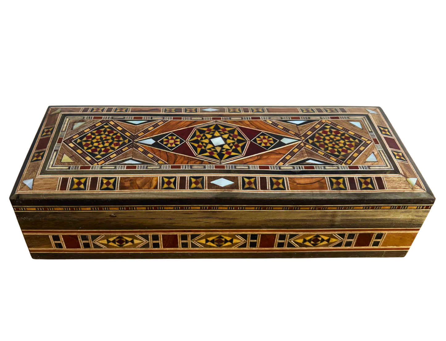 Caixa longa retangular artesanal de mosaico damasceno para canetas e joias, incrustação em madrepérola, artesanato oriental sírio