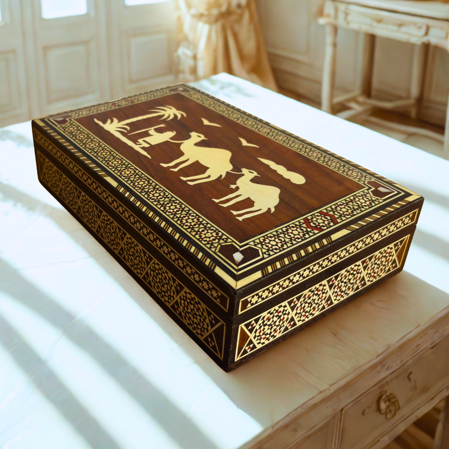 Vintage 1970 Damascene Mosaic Box with Camels - Only One On Stock-