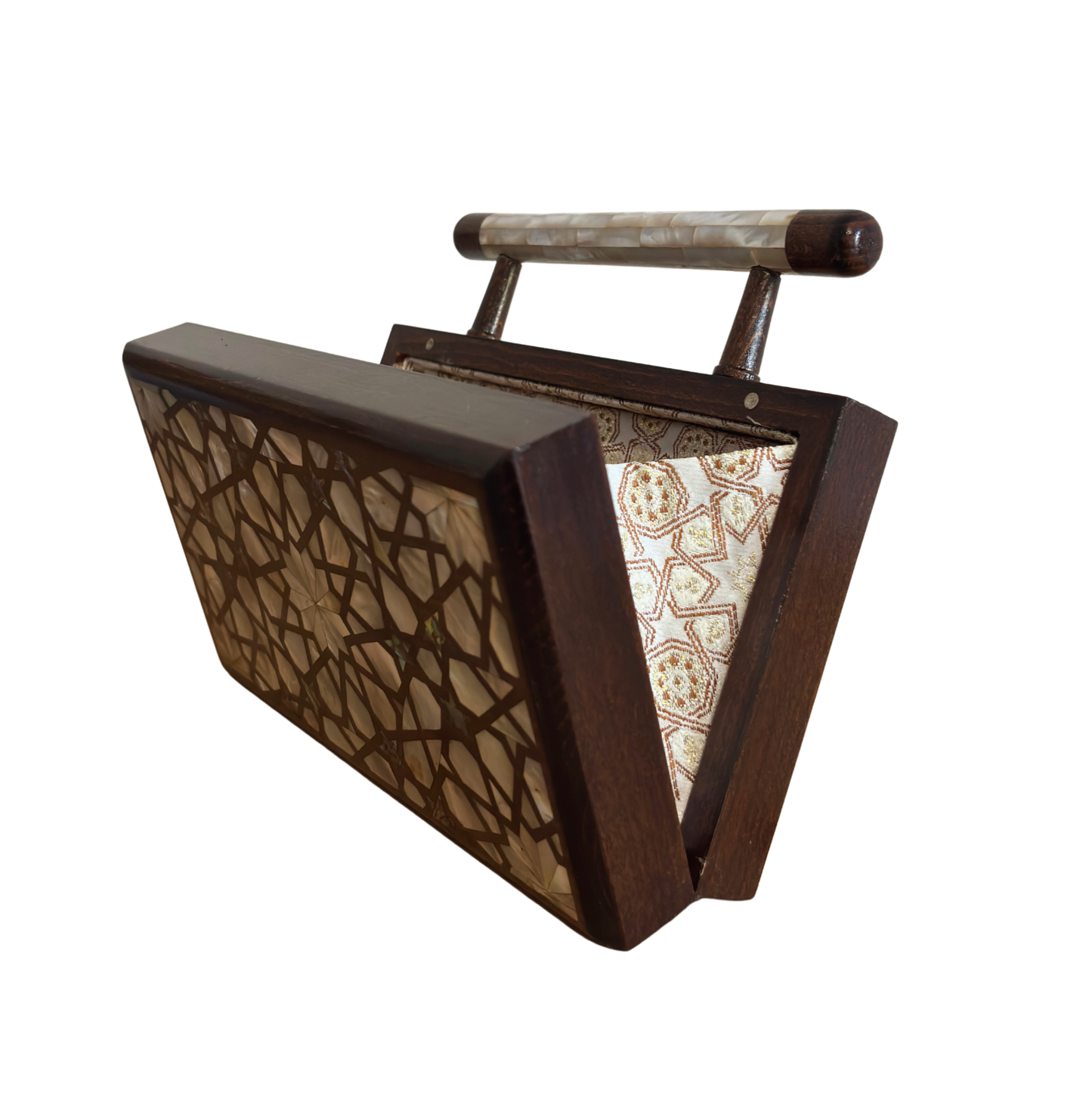 De Hemelse Ster – Handgemaakte Damascener Clutch van Notenhout met Parelmoer