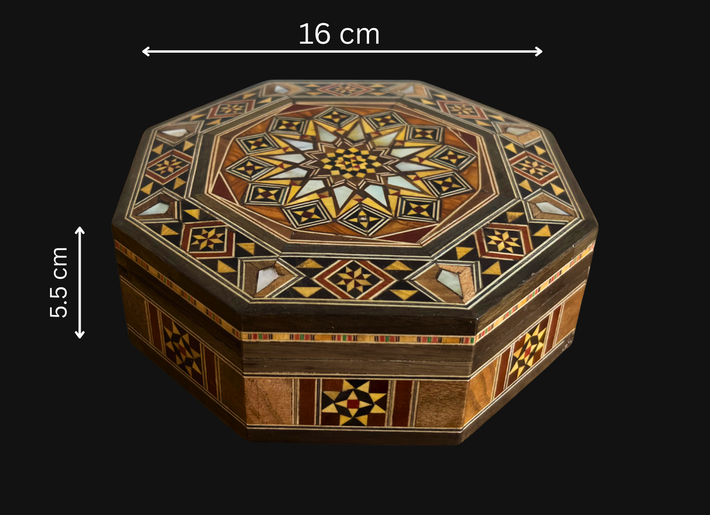 Élégante boîte octogonale en mosaïque damascène – Bois artisanal avec incrustation de nacre