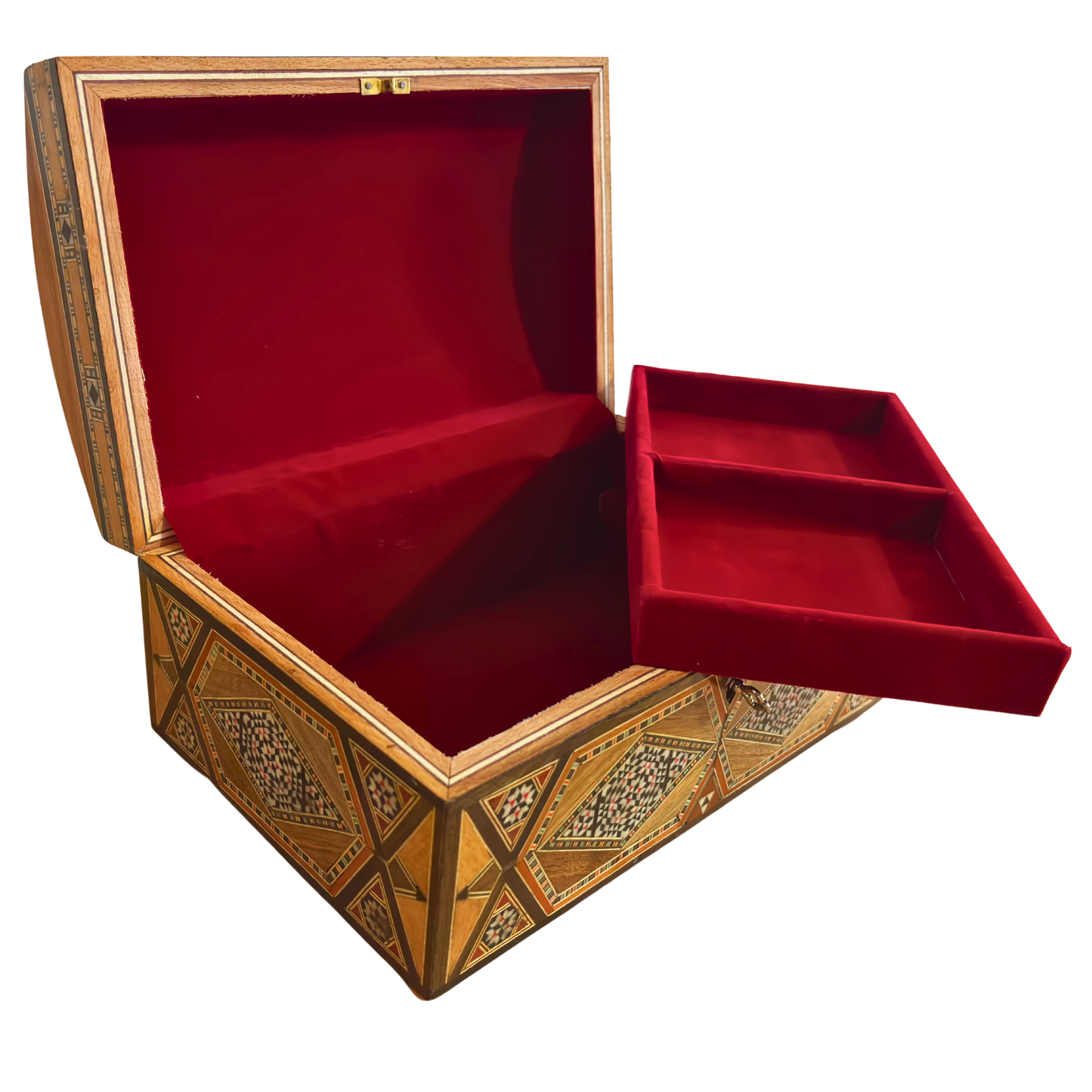 Boîte mosaïque damasquine vintage 1970 – À plusieurs niveaux avec serrure et clé | Unique en son genre