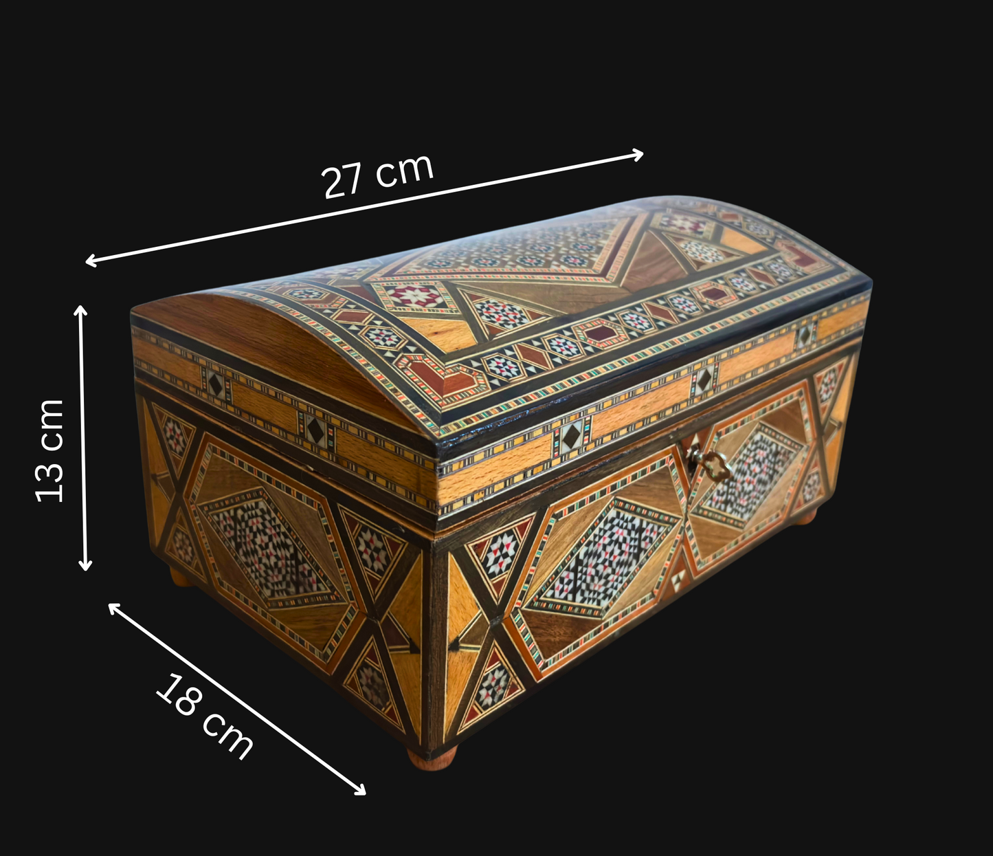 Boîte mosaïque damasquine vintage 1970 – À plusieurs niveaux avec serrure et clé | Unique en son genre