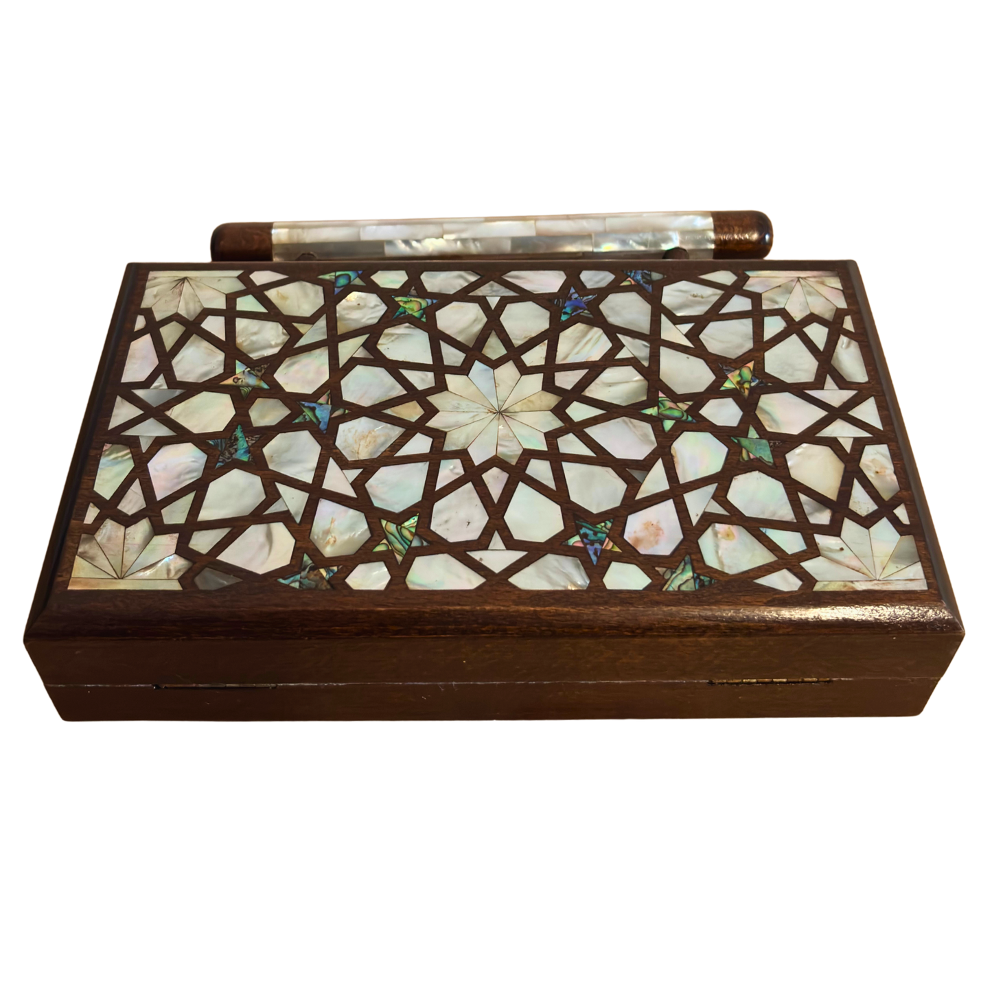 De Hemelse Ster – Handgemaakte Damascener Clutch van Notenhout met Parelmoer