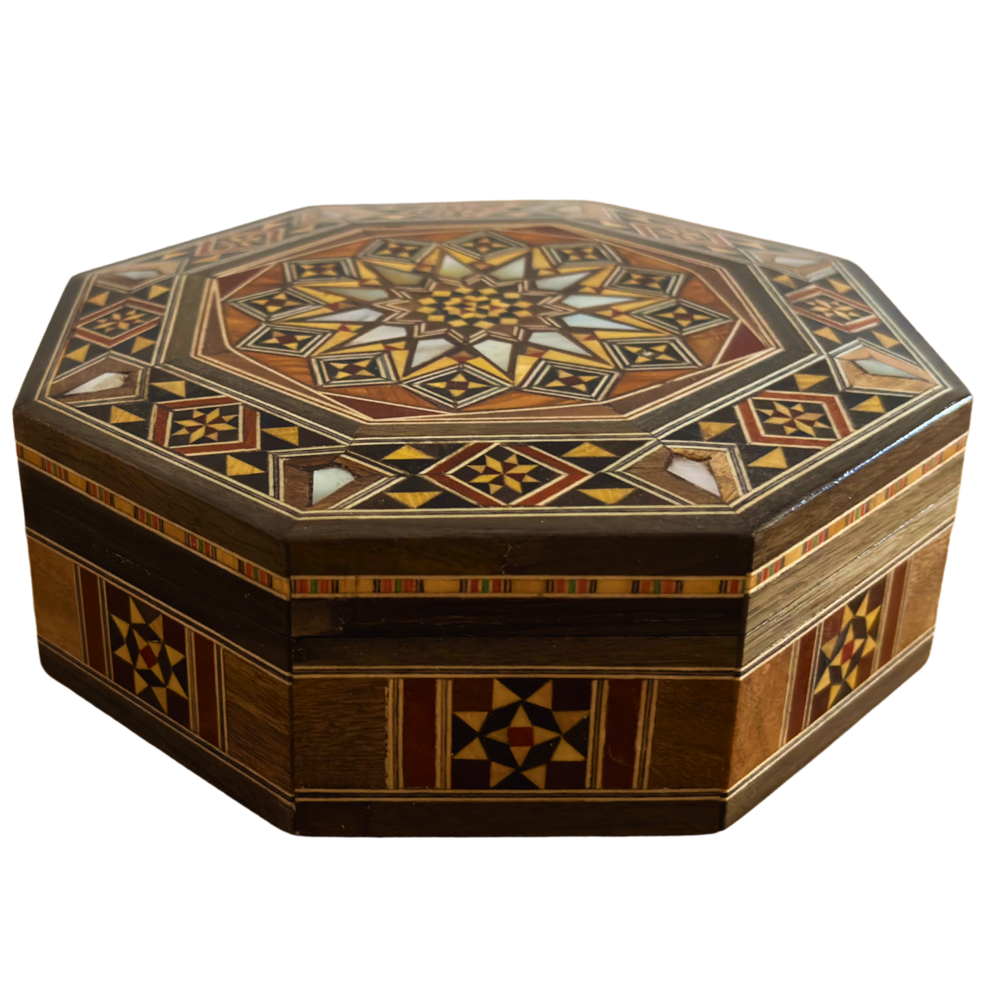 Élégante boîte octogonale en mosaïque damascène – Bois artisanal avec incrustation de nacre