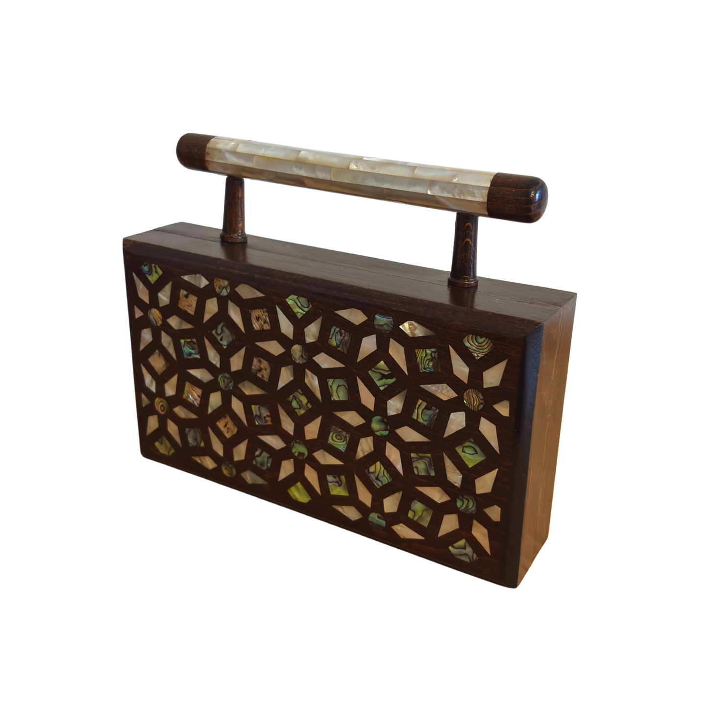 The Garden of Secrets – Handcrafted Damascene Walnut Clutch with Geometric & Botanical Mother of Pearl Inlay