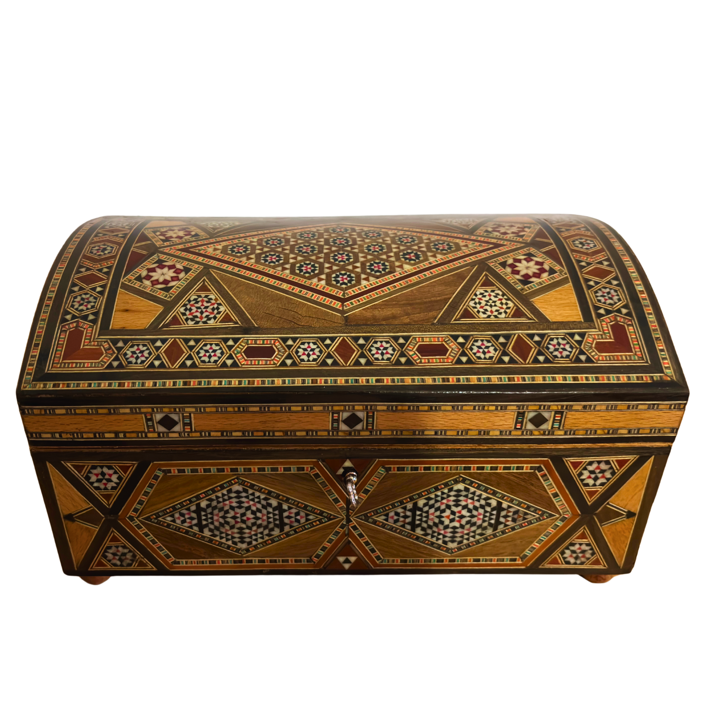 Boîte mosaïque damasquine vintage 1970 – À plusieurs niveaux avec serrure et clé | Unique en son genre