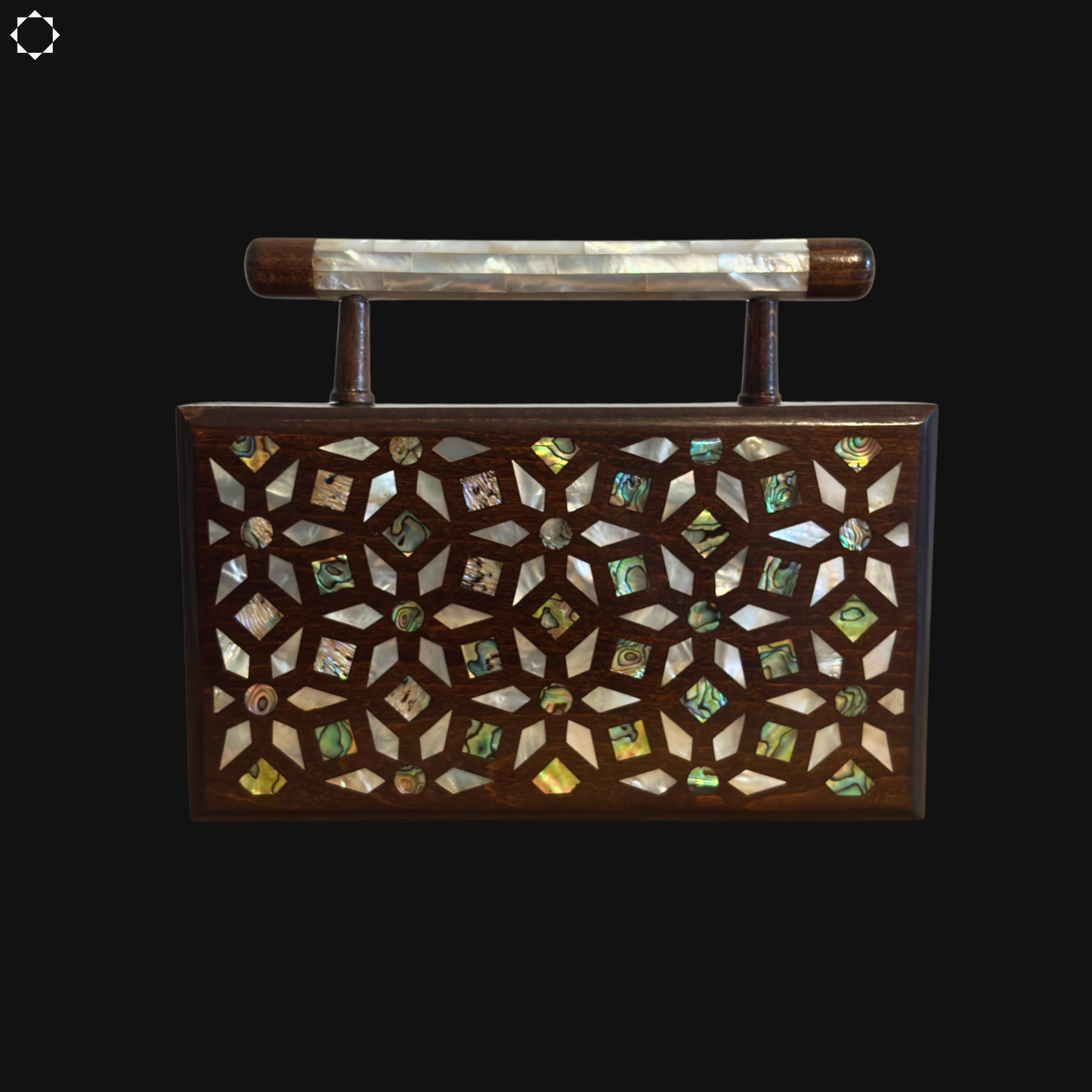 The Garden of Secrets – Handcrafted Damascene Walnut Clutch with Geometric & Botanical Mother of Pearl Inlay