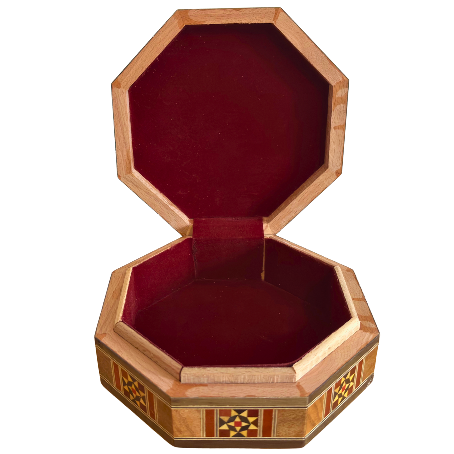 Élégante boîte octogonale en mosaïque damascène – Bois artisanal avec incrustation de nacre