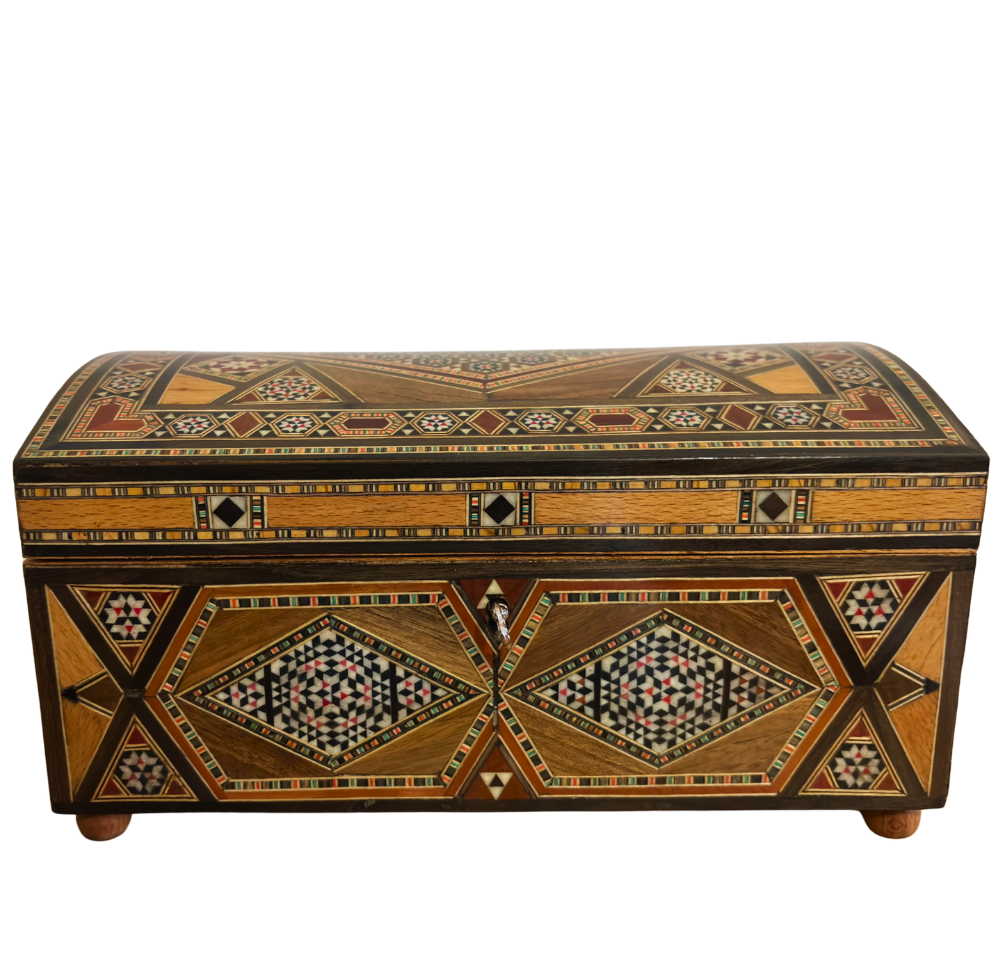 Boîte mosaïque damasquine vintage 1970 – À plusieurs niveaux avec serrure et clé | Unique en son genre