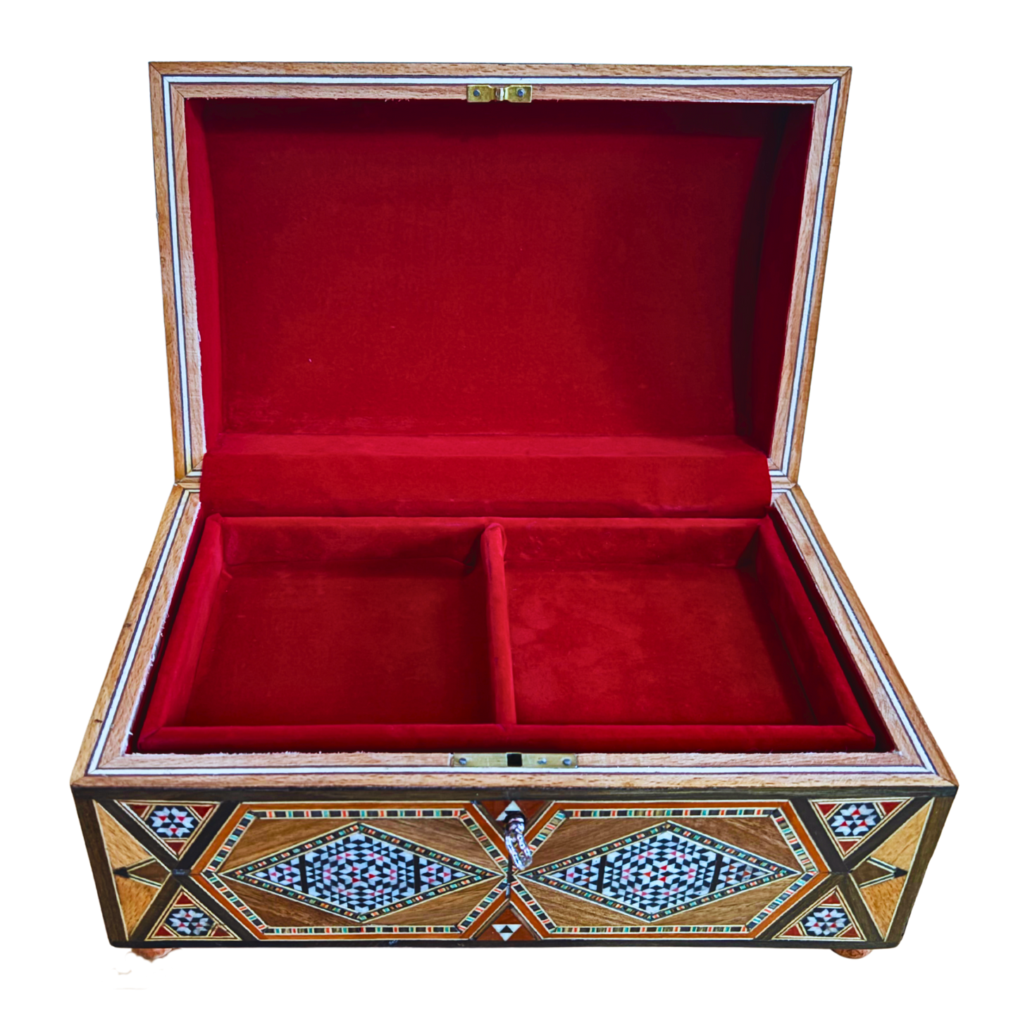 Boîte mosaïque damasquine vintage 1970 – À plusieurs niveaux avec serrure et clé | Unique en son genre