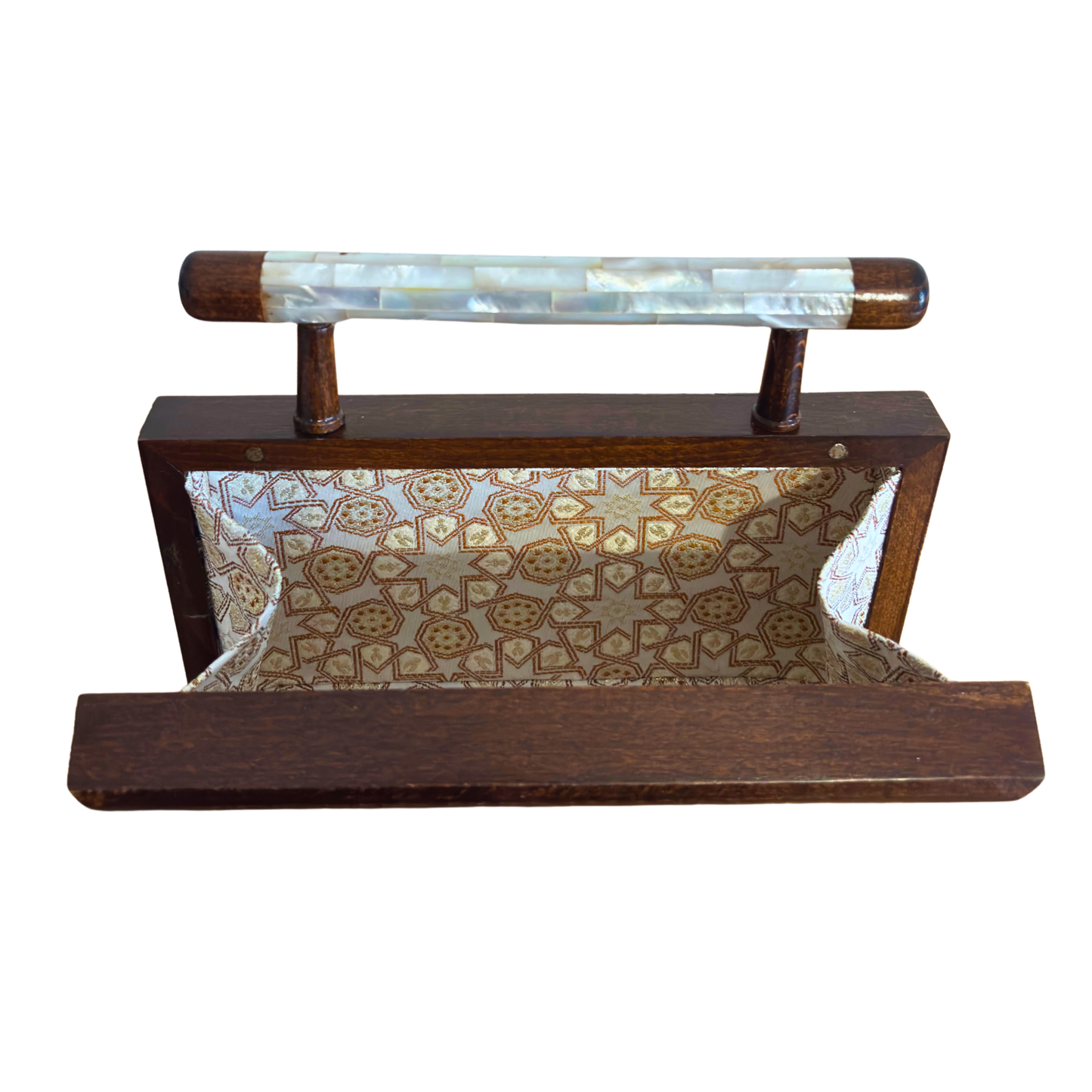 The Garden of Secrets – Handcrafted Damascene Walnut Clutch with Geometric & Botanical Mother of Pearl Inlay