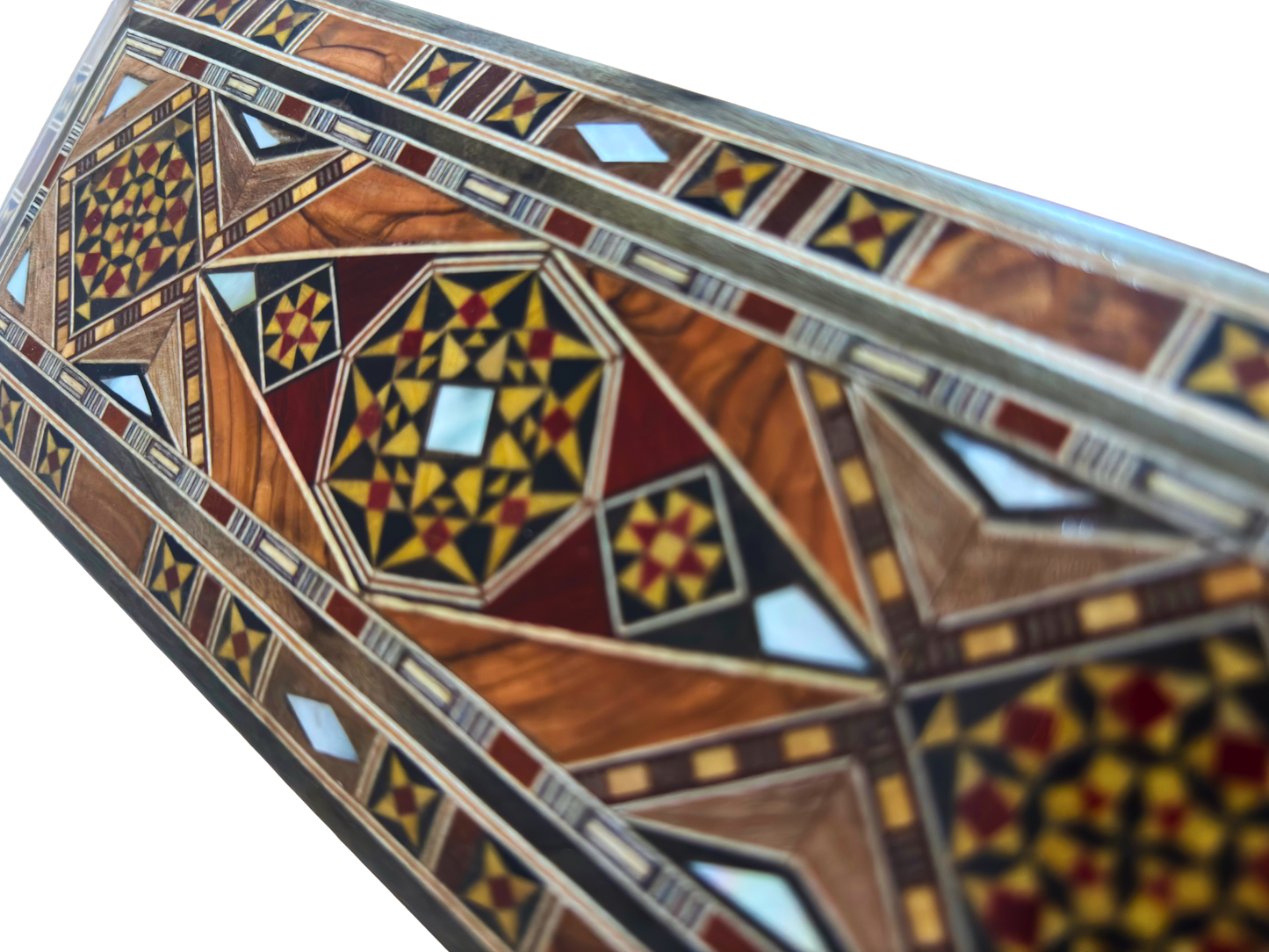 Caixa longa retangular artesanal de mosaico damasceno para canetas e joias, incrustação em madrepérola, artesanato oriental sírio