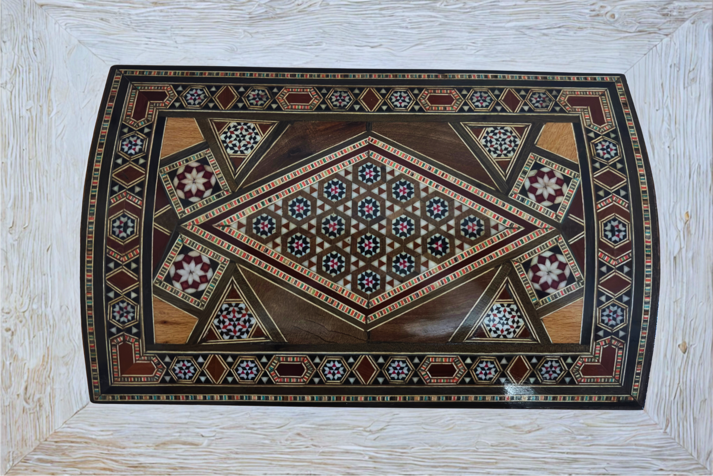 Boîte mosaïque damasquine vintage 1970 – À plusieurs niveaux avec serrure et clé | Unique en son genre