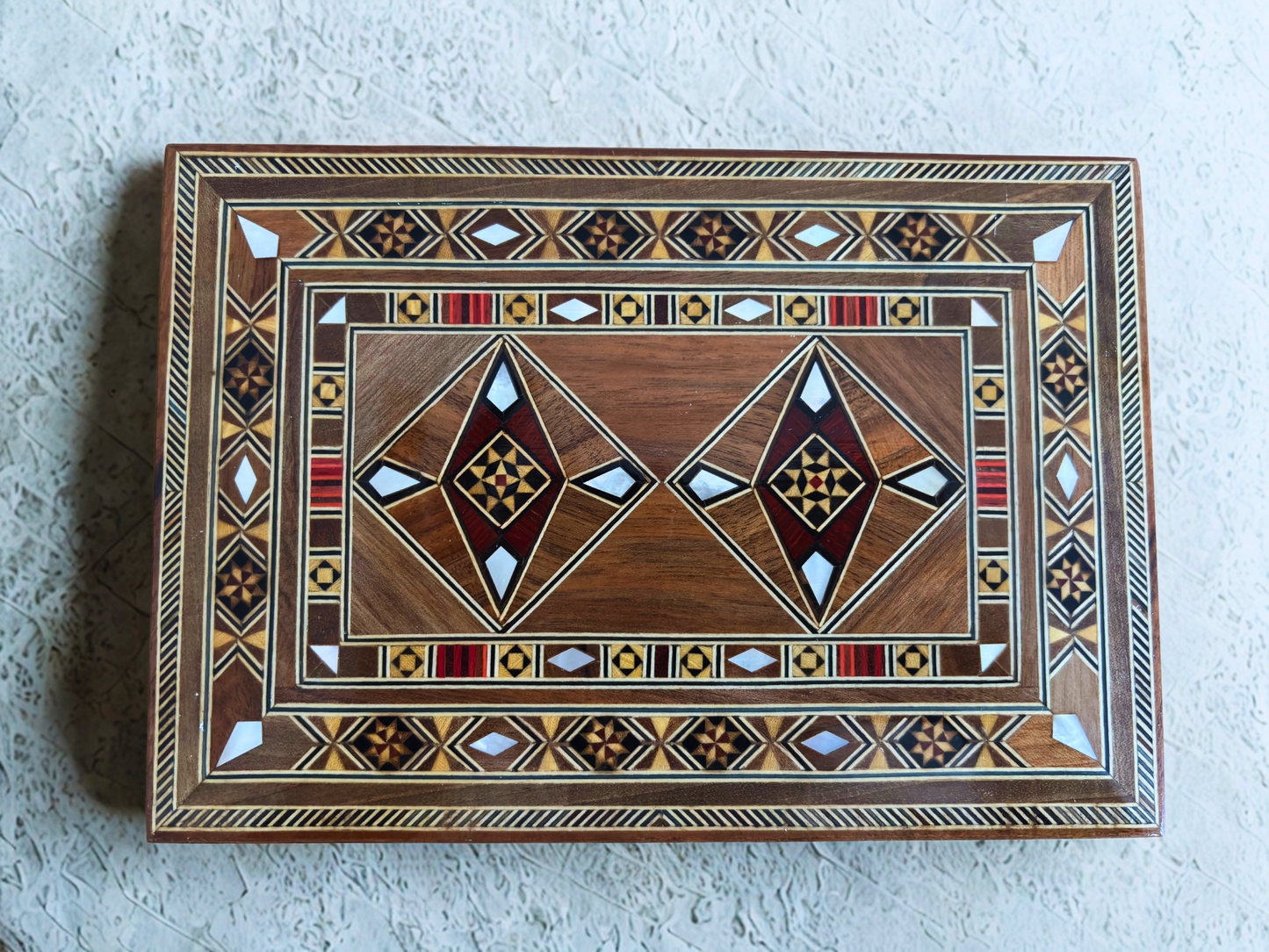 Caixa artesanal de mosaico para joias, incrustação em madrepérola, baú de madeira de luxo para lembranças, arte damascena -Edição Limitada-