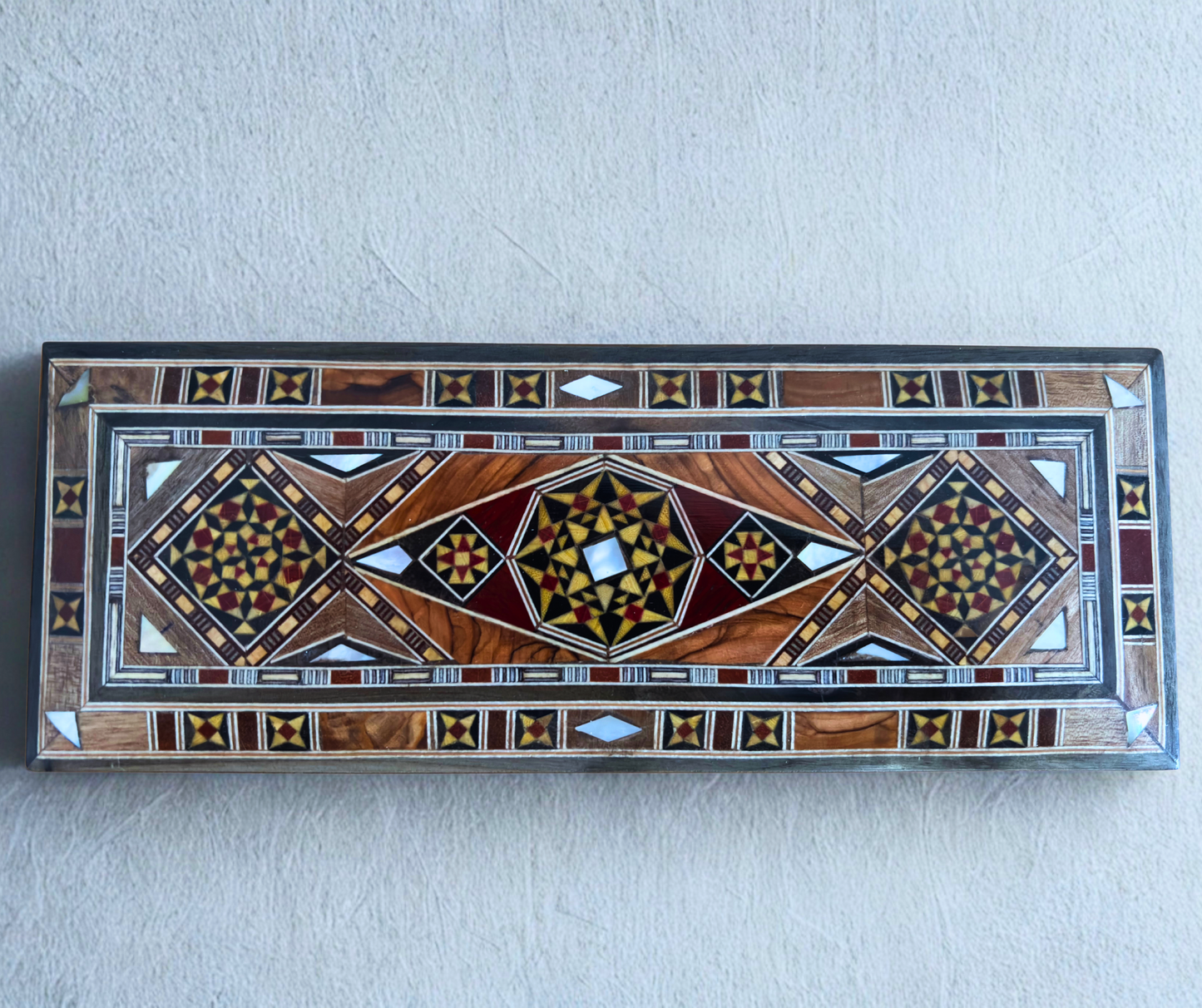 Caixa longa retangular artesanal de mosaico damasceno para canetas e joias, incrustação em madrepérola, artesanato oriental sírio