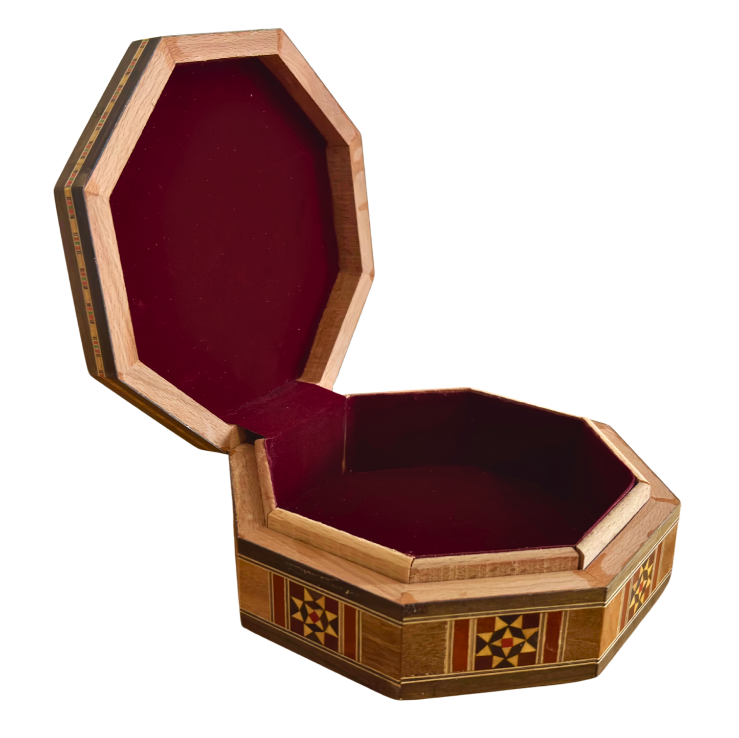 Élégante boîte octogonale en mosaïque damascène – Bois artisanal avec incrustation de nacre