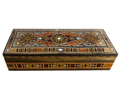 Caixa longa retangular artesanal de mosaico damasceno para canetas e joias, incrustação em madrepérola, artesanato oriental sírio