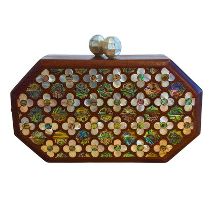 Jouri – Luxury Damascene Clutch with Mother of Pearl Rose Inlay & Pearl Rosary Chain