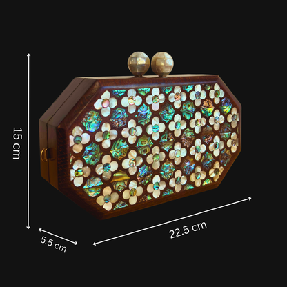 Jouri – Luxury Damascene Clutch with Mother of Pearl Rose Inlay & Pearl Rosary Chain