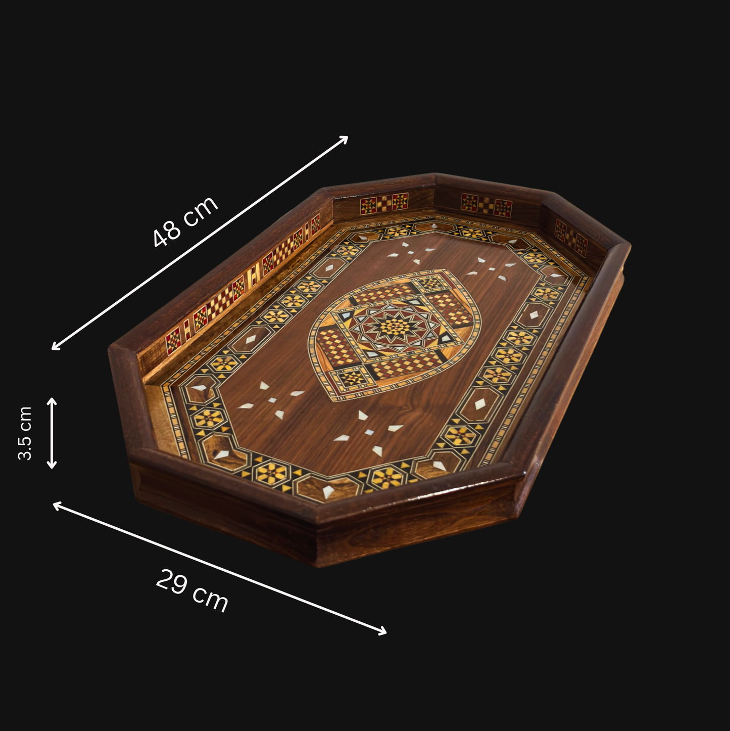 Damasceńska Drewniana Taca Mozaikowa – Masa Perłowa & Wykończenie Orzechowe