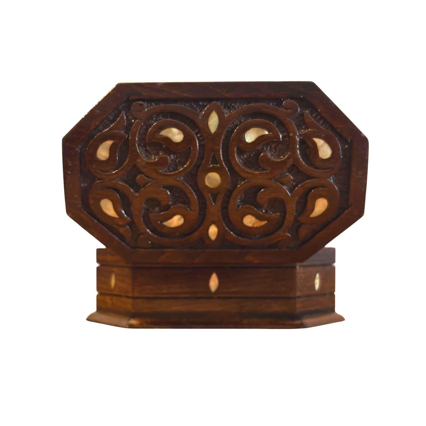 Hand-Carved Beechwood Box with Mother of Pearl Inlay – Walnut Finish Elegance