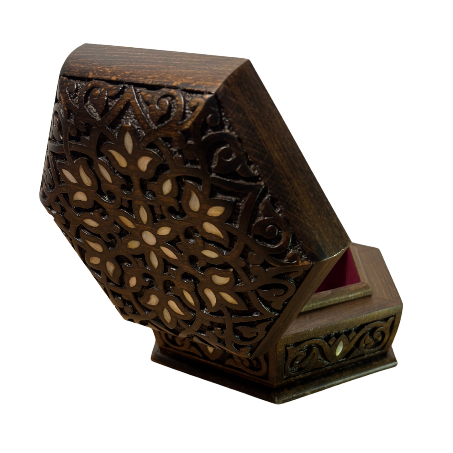 Handgesneden Luxe Doos uit Damascus – Parelmoer & Fluweel