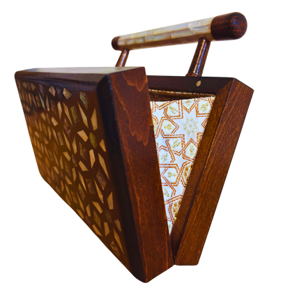 Zenobia – İnci Kakmalı & Brokar Astarı ile Lüks Dimaşk Mozaik Ahşap Clutch Çanta