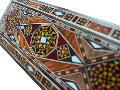 Caixa longa retangular artesanal de mosaico damasceno para canetas e joias, incrustação em madrepérola, artesanato oriental sírio