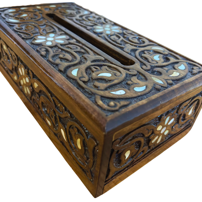 Hand-Carved Beechwood Tissue Box with Mother of Pearl Inlay – Walnut Finish Elegance