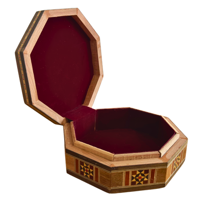 Élégante boîte octogonale en mosaïque damascène – Bois artisanal avec incrustation de nacre