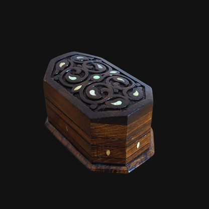 Hand-Carved Beechwood Box with Mother of Pearl Inlay – Walnut Finish Elegance