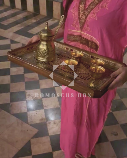 Damasceńska Mozaikowa Drewniana Taca – Masa Perłowa & Naturalne Kolory Drewna